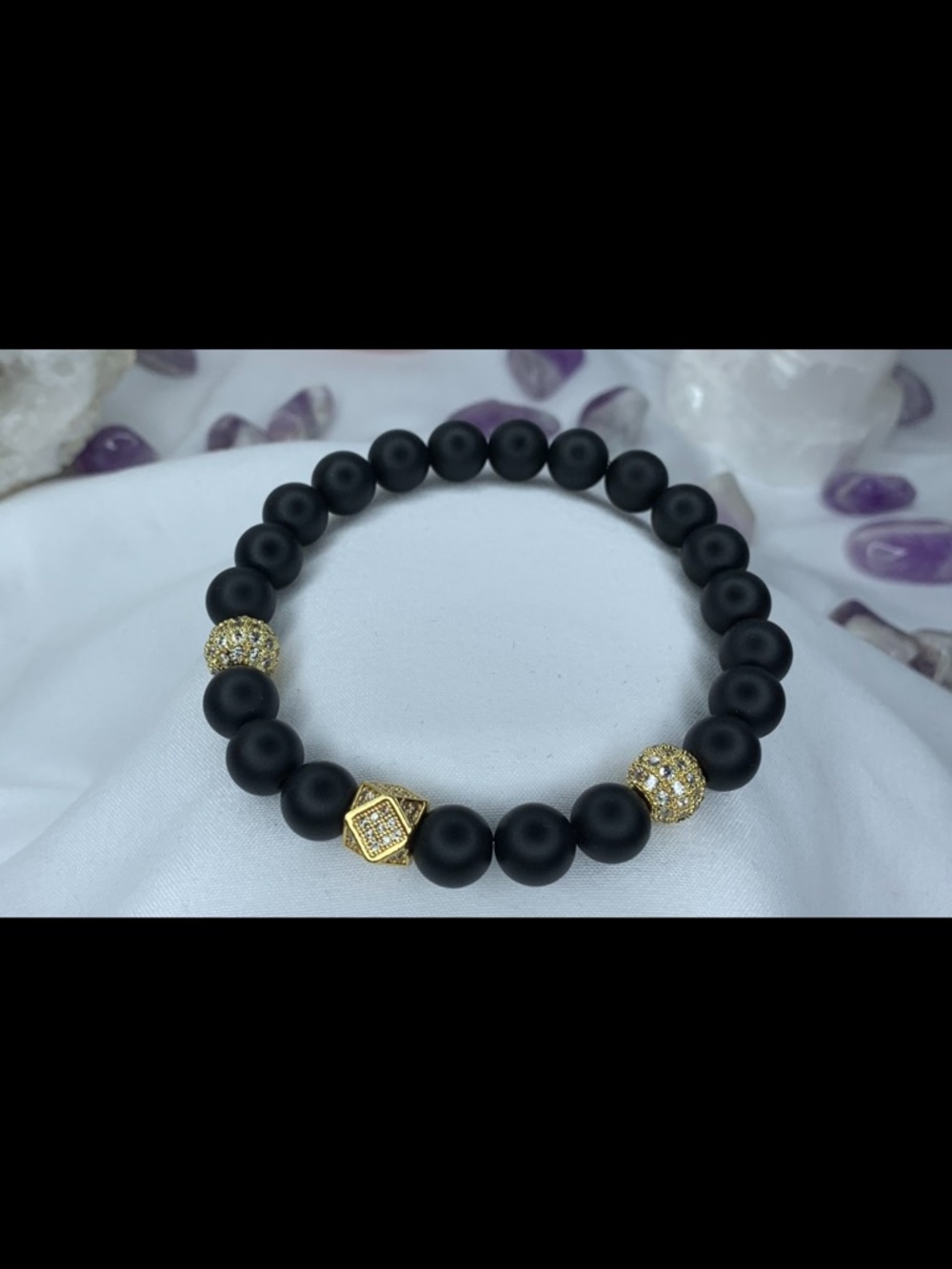 Matte Black Onyx Beaded Bracelet with Gold Accent Beads